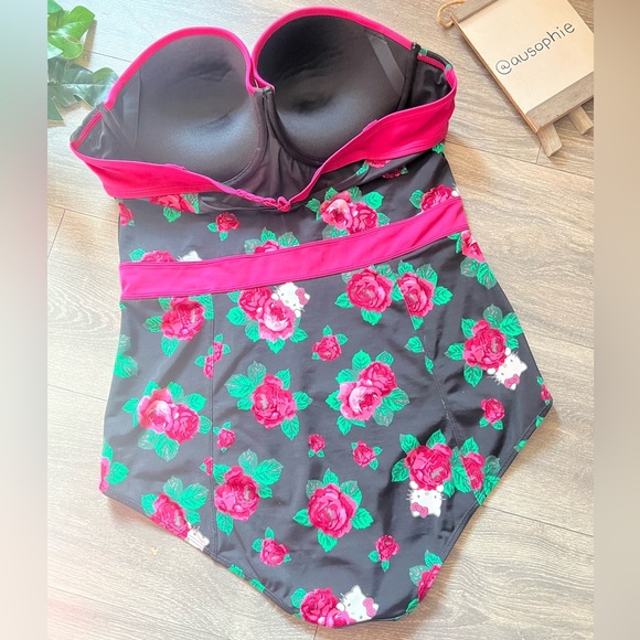 Torrid x Hello Kitty Black and Pink Floral Underwire Strapless One Piece Suit. 1 - Picture 4 of 14